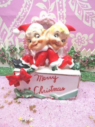 Vtg Kreiss Christmas Santa Pixie Elves Sit On Holly Berry Merry Christmas Gift