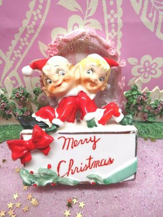 Vtg Kreiss Christmas SANTA Pixie Elves Sit on Holly Berry Merry Christmas GIFT 2