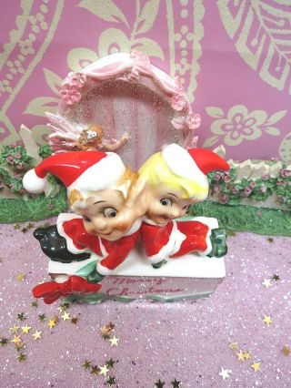 Vtg Kreiss Christmas SANTA Pixie Elves Sit on Holly Berry Merry Christmas GIFT 3