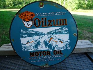 Old Vintage 1937 Oilzum Motor Oil Gas Porcelain Gas Station Pump Sign Mass