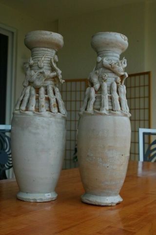 Pair Antique Chinese Southern Song Dynasty Yuan Funerary Dragons Urns 13x4 "