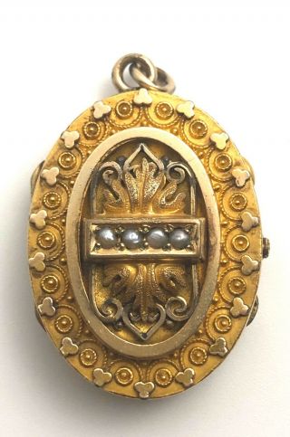 Antique Victorian Etruscan Revival Gold Filled Seed Pearl Locket Pendant