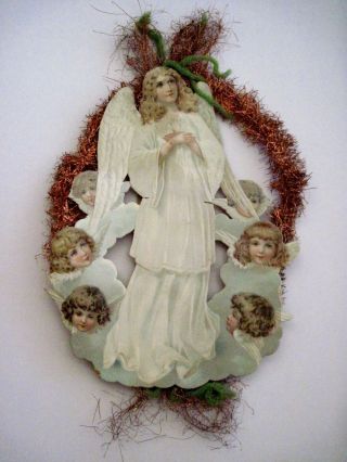 Vintage Victorian Antique Christmas Die - Cut Scrap Ornament W/ Sweet Angels
