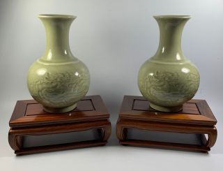 Pair Decorative Chinese Celadon Glaze Dragon Vases On Wooden Display Stands 19cm