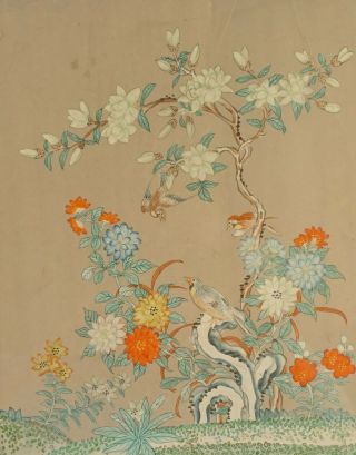 Very Fine Korean Minhwa Folk Hand Painting 3 Birds Peony Flower Framed