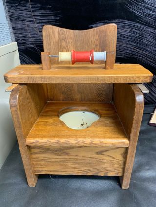 Vintage Wood Child Potty Chair Pot W/tray Spinning Spools - Flowers - Plant Holder