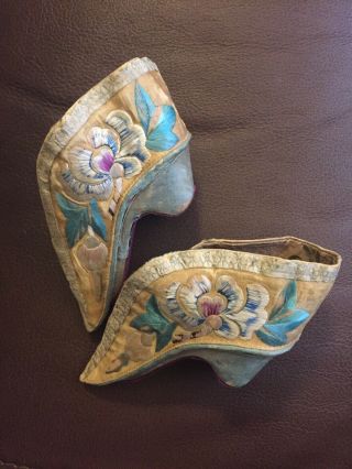 Absolutely Lovely Antique Chinese Silk Embroidered Lotus Foot Binding Shoes