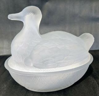 Vintage Or Antique Duck On Nest Frosted Glass Covered Candy Dish Figural