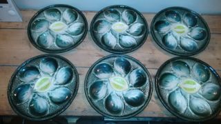 Vintage Saint Clement Set Of 6 Oyster Plates Majolica Green French Faience