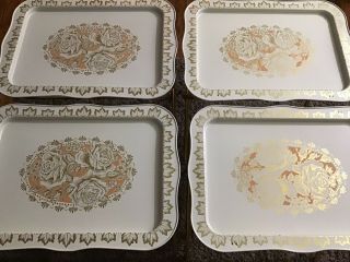 Vintage Metal Tv Tray Tables Folding Set Of 4 Gold Pink Ivory Roses Nearly