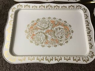 Vintage Metal TV Tray Tables Folding Set Of 4 Gold Pink Ivory Roses Nearly 2