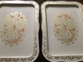 Vintage Metal TV Tray Tables Folding Set Of 4 Gold Pink Ivory Roses Nearly 3