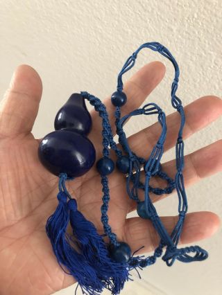 Antique Chinese Carved Blue Stone Gourd Necklace On Silk Tussle