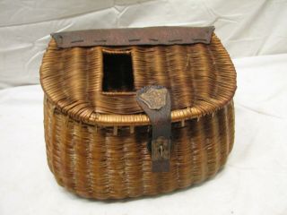 Antique Wicker & Leather Fly Fishing Trout Small Size 10 Inch Fish Creel Basket