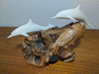 Vintage John Perry Sculpture Two Dolphins On Burl Wood Base