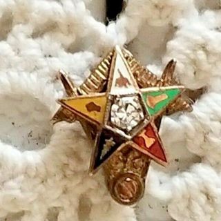 Vtg 14 K Yellow Gold Diamond Order Of The Eastern Star Pin Freemasons Masons