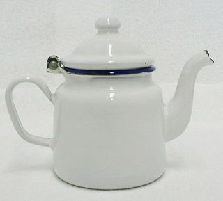 Vintage White With Blue Trim Enamel Ware 3 " Salesmen Sample Teapot