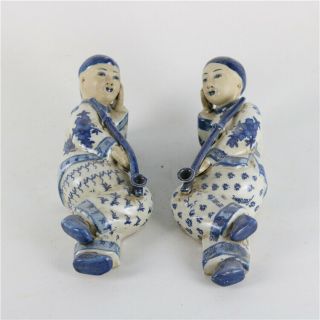 A Pair Chinese Blue&white Porcelain Smoke Figure Statue