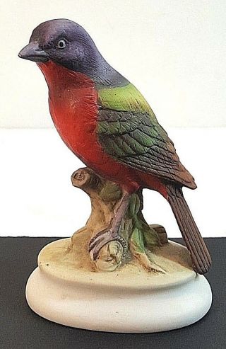 Lefton Hand Painted Bunting Bird Perched On A Tree Stump Porcelain Figurine