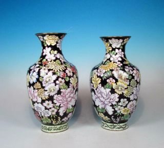 Chinese Canton Enamel On Brass Pair Millefiori Famille Noire Vases
