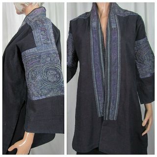 Antique Chinese Kimono Robe Miao Embroidery Textured Cotton