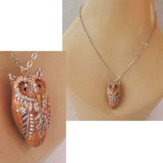 Necklace Owl Pendant Silver Jewelry Handmade Chain Hand Sculpted Polymer Clay