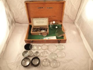 Large Wood Case Of 25,  Vintage C.  Reichert,  Bausch & Lomb Various Optical Lenses
