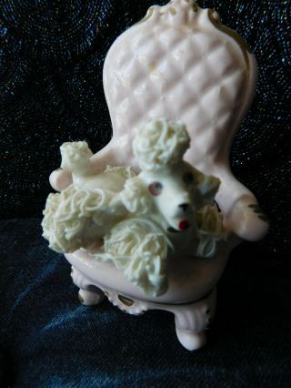 Vintage Mid Century Japan Porcelain White French Poodle Victorian Pink Chair