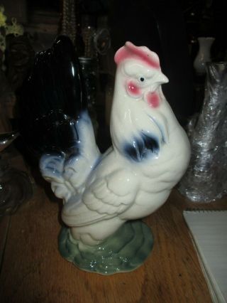 Antique Vintage Ceramic Rooster Chicken 7 1/2 " Black Feathers Figurine