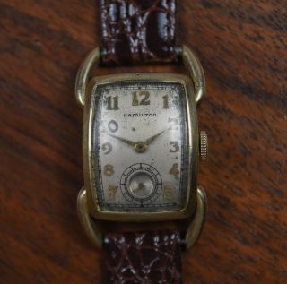 Vintage Hamilton " Bowman " 14k Gold Filled Art Deco Tank Case Watch Leather