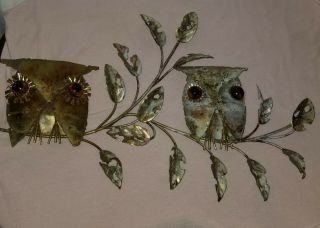 Vintage Brutalist Pieced Metal Owl Wall Sculpture Mid Century Modern Birds