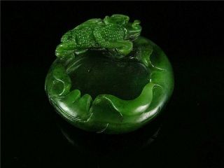 Antique Old Chinese Spinach Green Nephrite Jade Carved Brush Washer Statue Toad