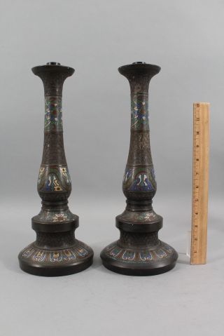 Pair Large Early Thc Japanese Champleve Enamel & Bronze Candlesticks,  Nr