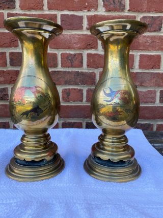 Pair Antique Japanese Meiji Period Inlaid Bronze Vases