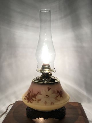 Vtg Antique Hand Painted Milk Glass Gwtw Oil Lamp Rose Yellow Pink B&h Converted