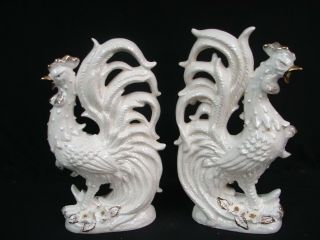 Pair Vintage Rooster Fighting Cocks Figurines White Gold Ceramic 11 Inch