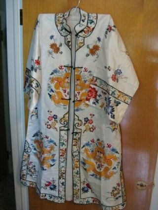 Vintage Chinese Hand Embroidered Silk Robe / Kimono W Heavy Silk Embroidery