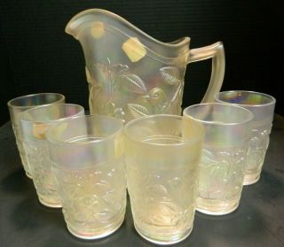 Vintage 7 Piece Imperial White Carnival Glass Robin Pitcher Set W/ Tags