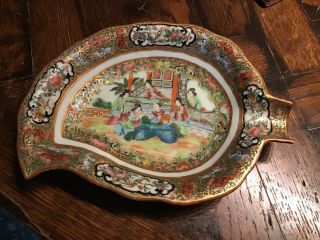 Antique 1800’s Chinese Rose Famille Medallion Leaf Dish Export Porcelain