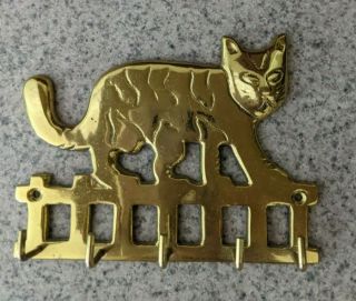 Vintage Brass Plaque Cat Kitten Key Holder 5 " Across,  4 " Tall Made In India