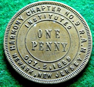 Vintage Newark Jersey Masonic Penny Harmony Chapter No 9 R.  A.  M.  Est 1859