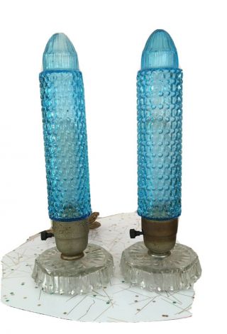 2 Vtg Blue Glass Torpedo Lamp Pair Art Deco Skyscraper Bullet Boudoir Vanity