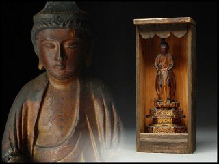 Old Japanese Japan,  Buddhism Wooden Buddha Statue Kannon,  Bodhisattva & Box 25cm　商