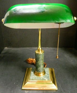 Vintage Brass & Marble Bankers Lamp Green Shade 12.  75 " X 10.  25 " X 7.  5 "