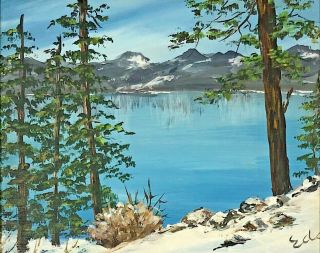 Eda Hoff Vtg Signed Orig Miniature Oil Painting Winter Landscape Of Lake Tahoe