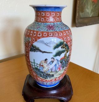 Antique Chinese Porcelain Vase Famille Rose Qianlong Marks Symbols Figures