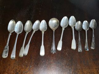 11 Various Antique / Vintage Solid Silver Tea & Coffee Spoons.  191gms.