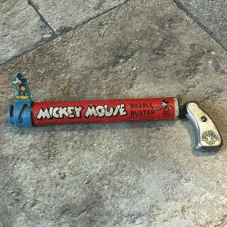 Walt Disney 1930s Mickey Mouse Bubble Buster Toy,  Metal Toy Gun Kilgore
