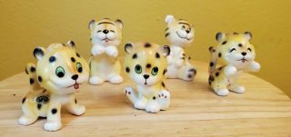 5 Vintage Mid Century Porcelain Tiger Cub Figurines The Tiger King Made In Japan