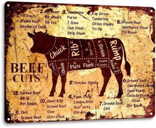 Beef Cuts Cow Cattle Kitchen Butcher Farm Ranch Chef Cook Rustic Tin Metal Sign